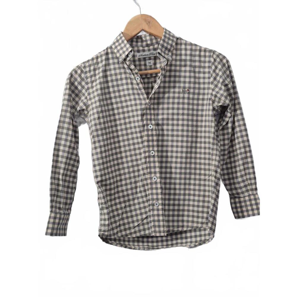 Southern Point Co. Boys Button Front Dress Shirt Cream Gray Check Pattern Classi